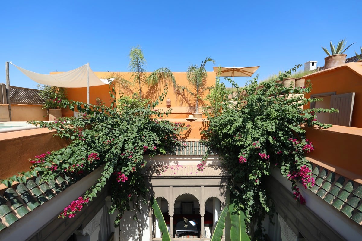 The green courtyard seen between the ochre walls of Dar Akal's rooftop