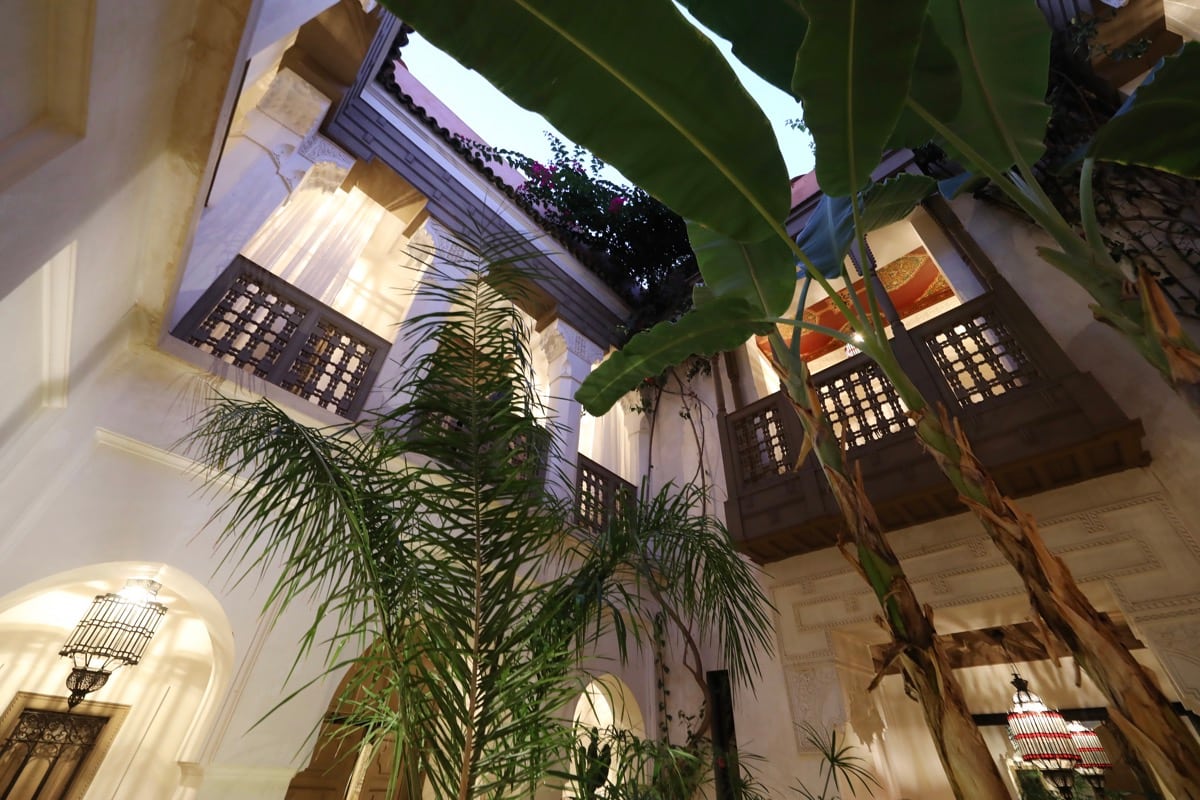 Looking upward through palms and carved galleries in Dar Akal's courtyard
