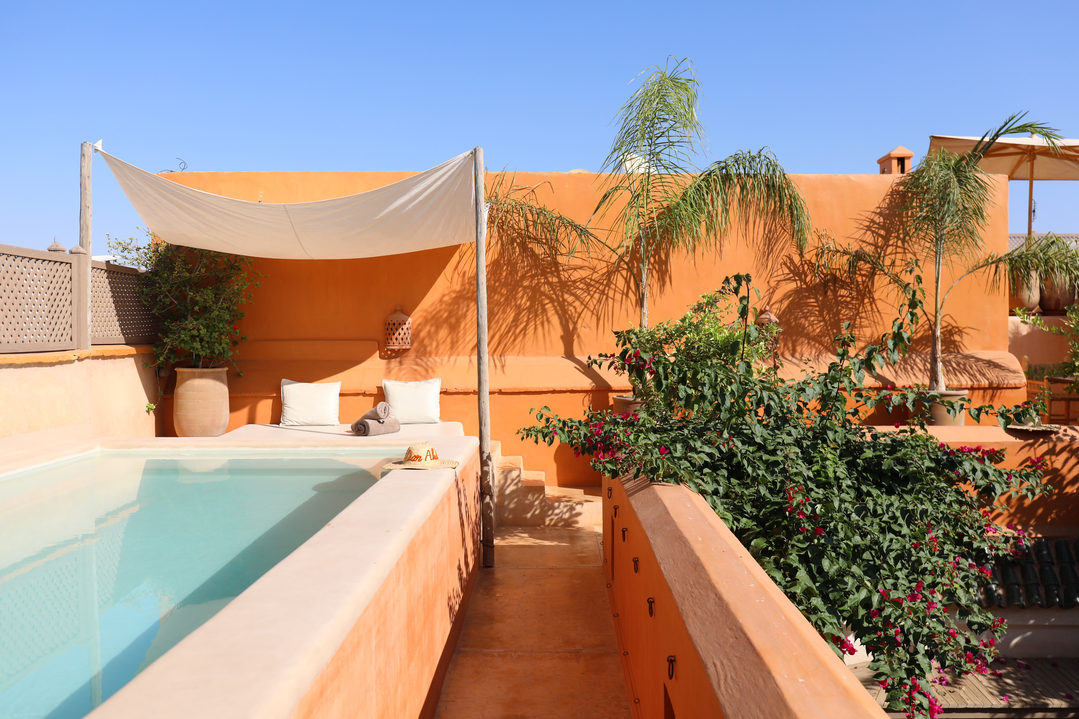 The rooftop pool, shade sail and flowering terrace at Dar Akal